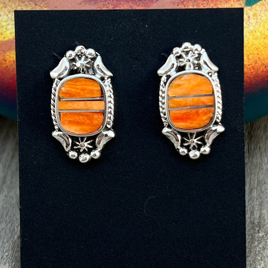 Modern Orange Spiney Shell Inlay Stud Earrings Sterling Silver James Manygoats Navajo 666