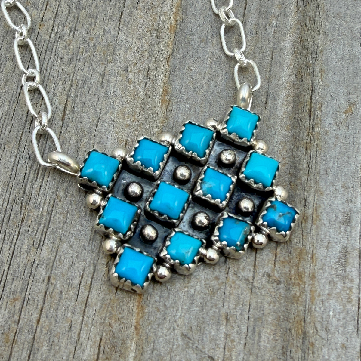18 1/2" Turquoise Square Station Necklace Navajo Sterling Silver Verley Betone 2