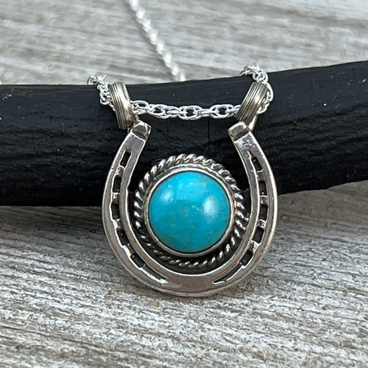 18" Sterling Silver Turquoise Horseshoe Necklace Cowgirl Rodeo Jewelry Annette Chiquito