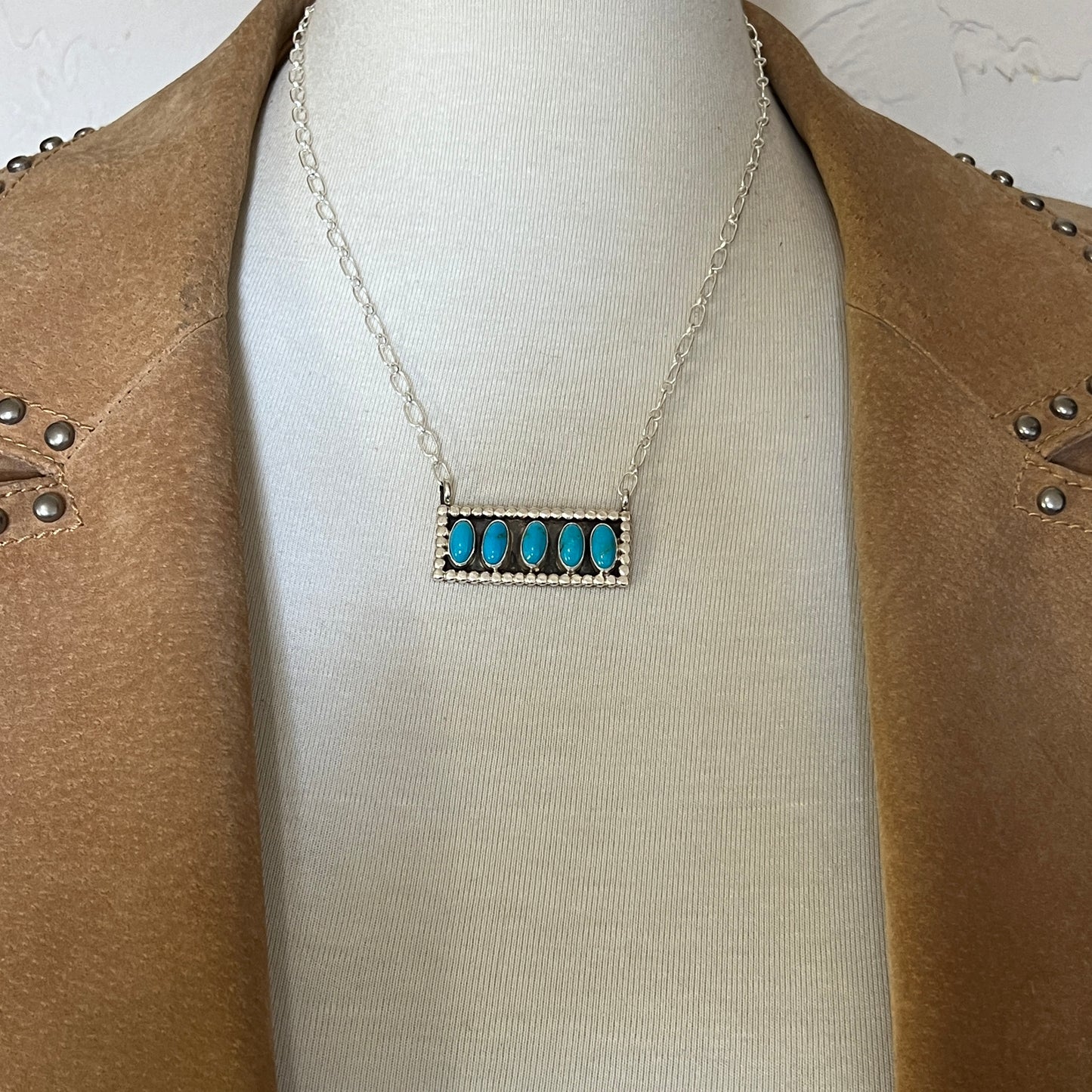 18" Blue Campitos turquoise rectangle bar necklace #1, Navajo handmade, sterling silver