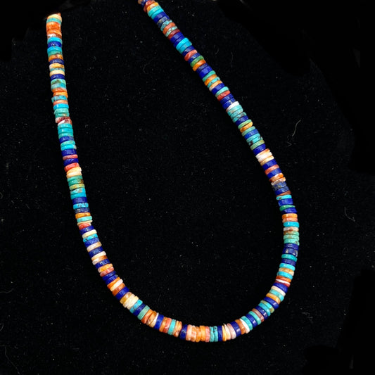 17", 4mm heishi bead necklace choker, blue turquoise lapis red orange spiny oyster shell