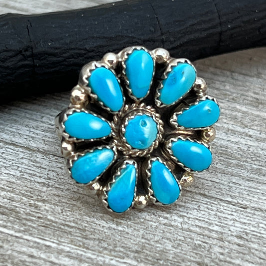 Size 7.5 Blue Turquoise Round Cluster Ring Navajo handmade Sterling Silver Alicia Wilson