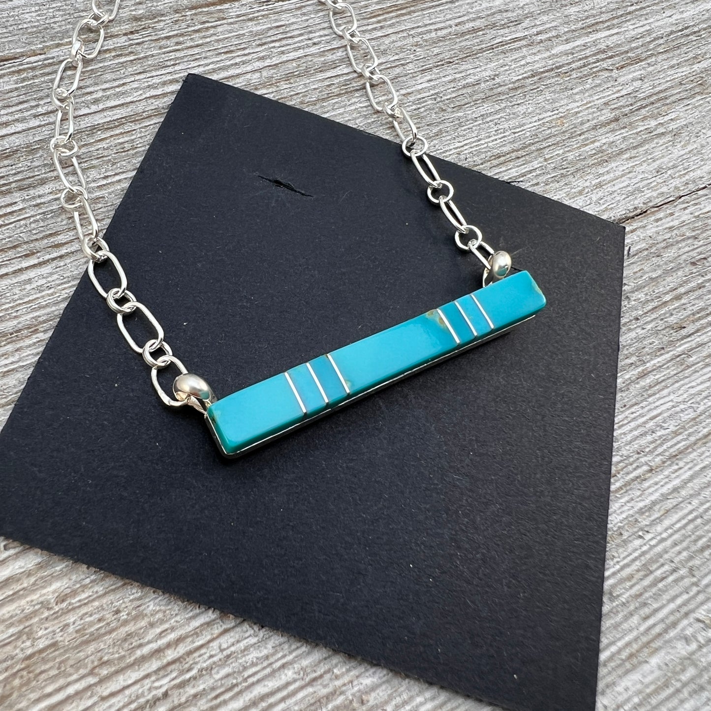 Blue Kingman Turquoise Bar Necklace 3, Zuni MaDerral Kallestewa sterling silver 18 1/2"