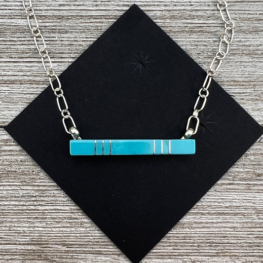 Blue Kingman Turquoise Bar Necklace 2, Zuni MaDerral Kallestewa sterling silver 18 1/2"