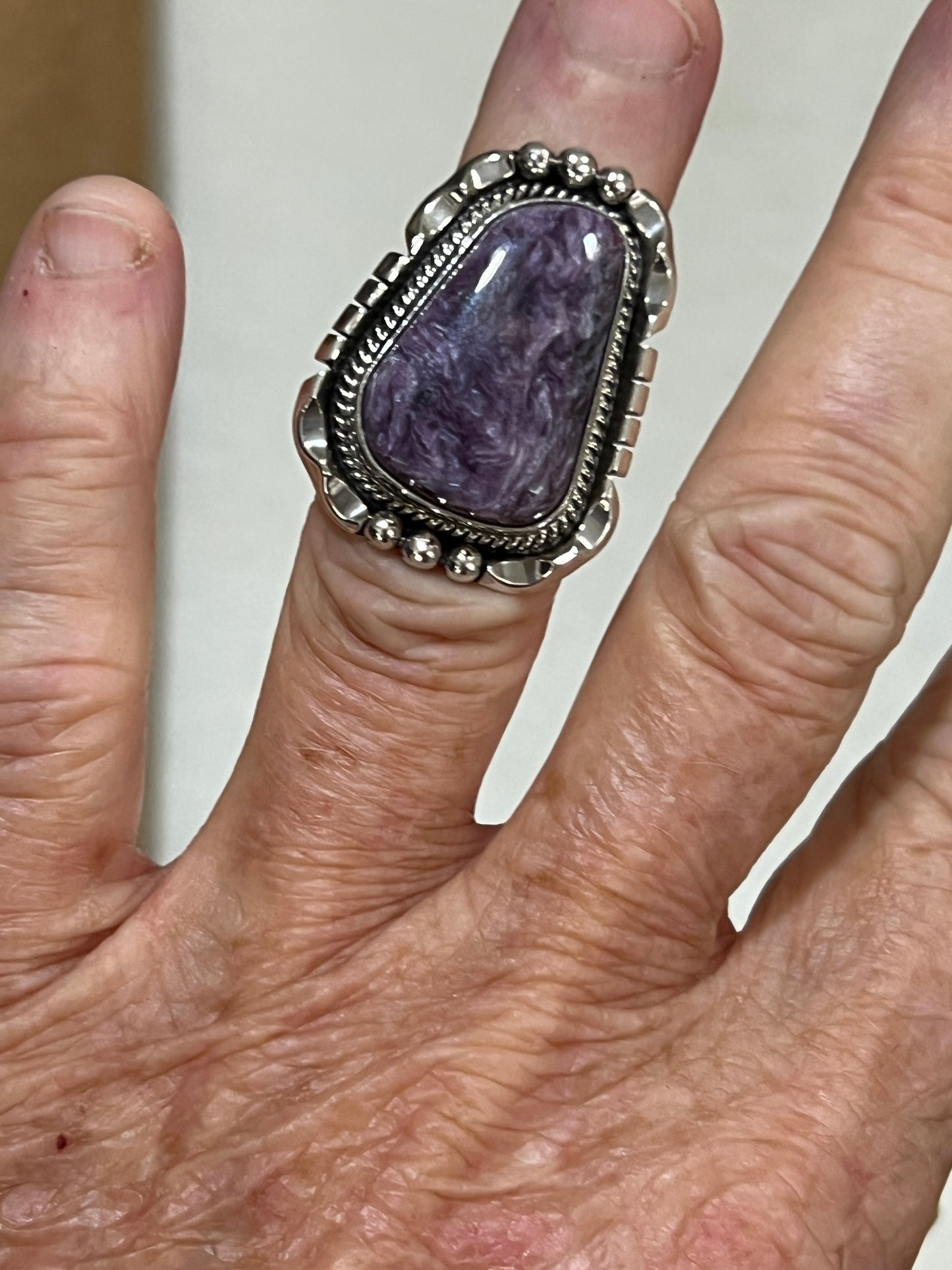 Size 6 Charoite sterling silver handmade ring #6, Navajo Samuel Yellowhair