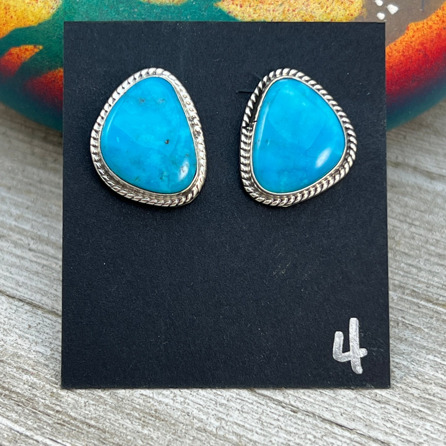 Campitos turquoise, sterling silver, small stud earrings #4, Navajo handmade, Sharon McCarthy