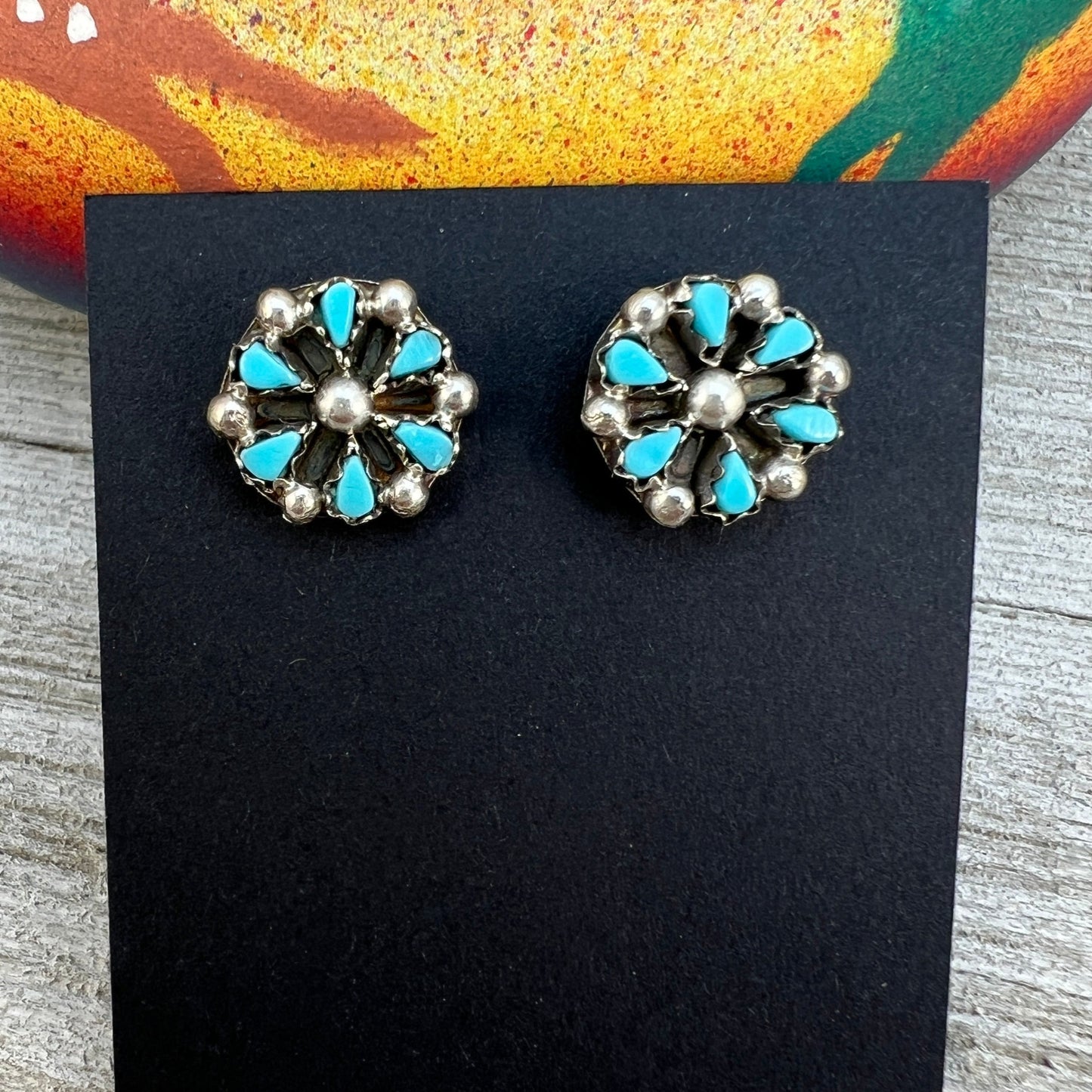 Small 10mm round Zuni Petit Point cluster Turquoise Stud Earrings, Tricia Leekity, sterling silver