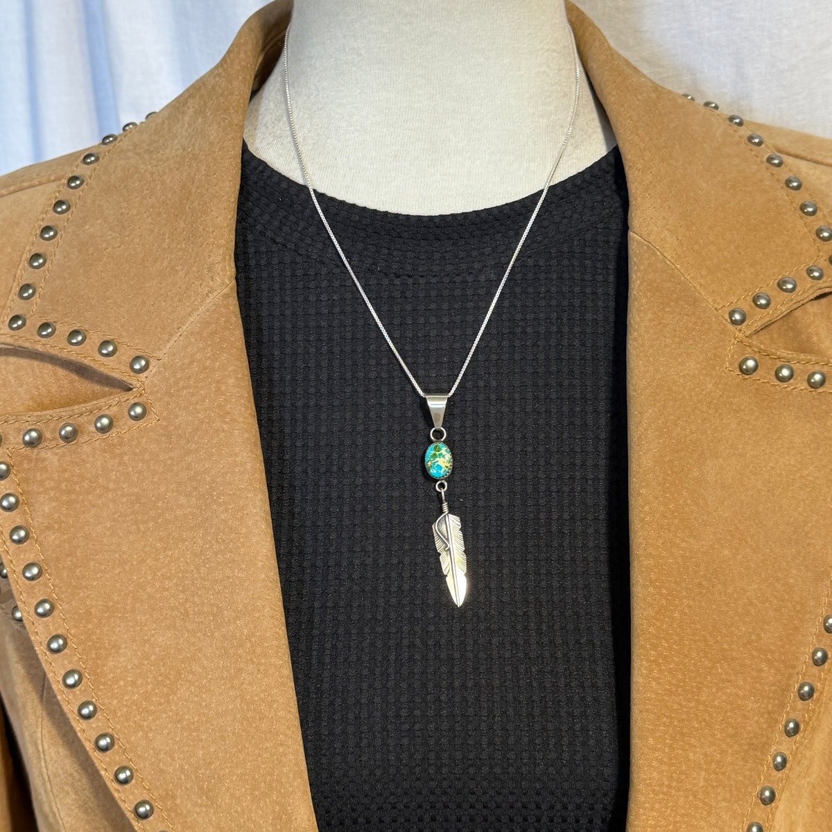 Sonoran Gold Turquoise sterling silver Feather Pendant Chris Charley Navajo PD4