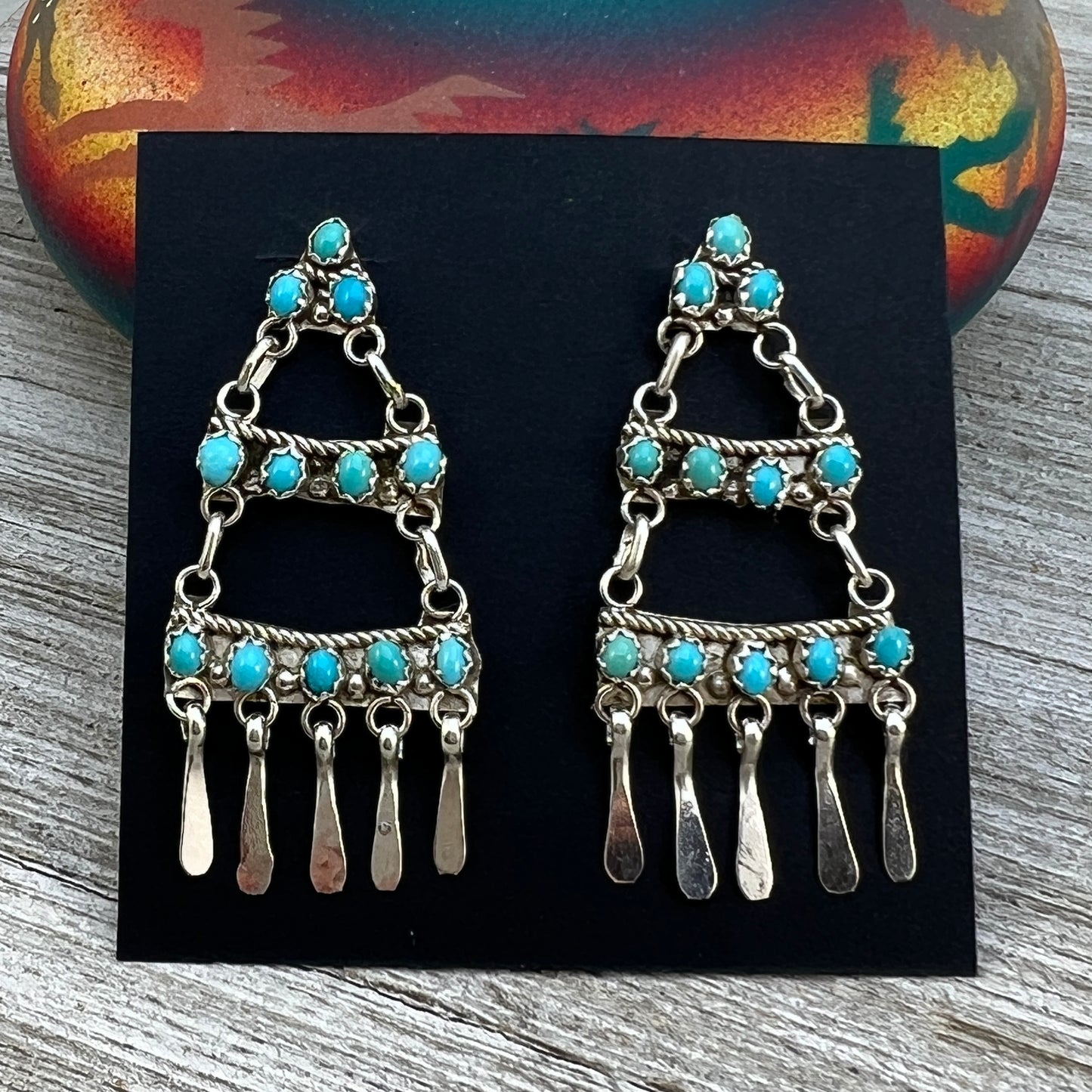 Zuni dot snake eye Turquoise 2" Chandelier long Earrings, Sterling Silver, Sylvia Chee