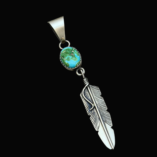 Sonoran Gold Turquoise sterling silver Feather Pendant Chris Charley Navajo PD2