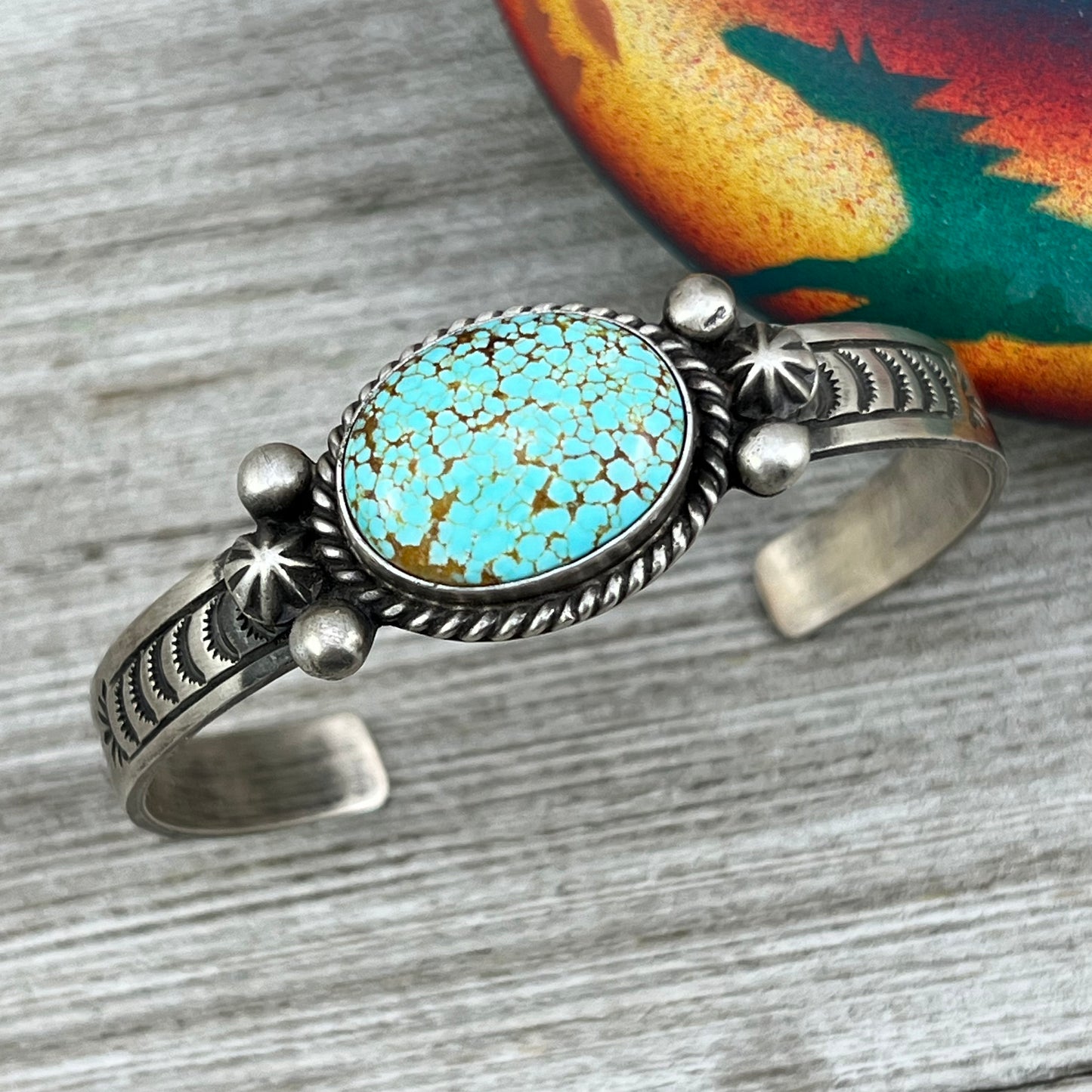 6 3/8" , #8 turquoise, Stamped cuff bracelet B, Navajo handmade signed, flat sterling silver, stacker