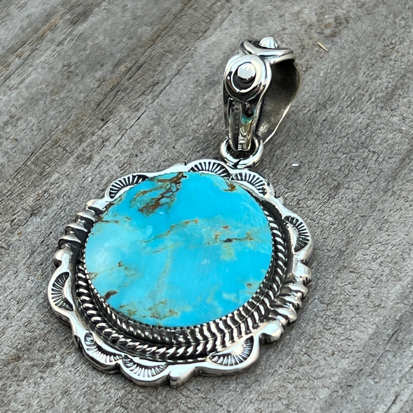Kingman Turquoise Pendant Sterling silver Navajo handmade Jeremy Delgarito 555