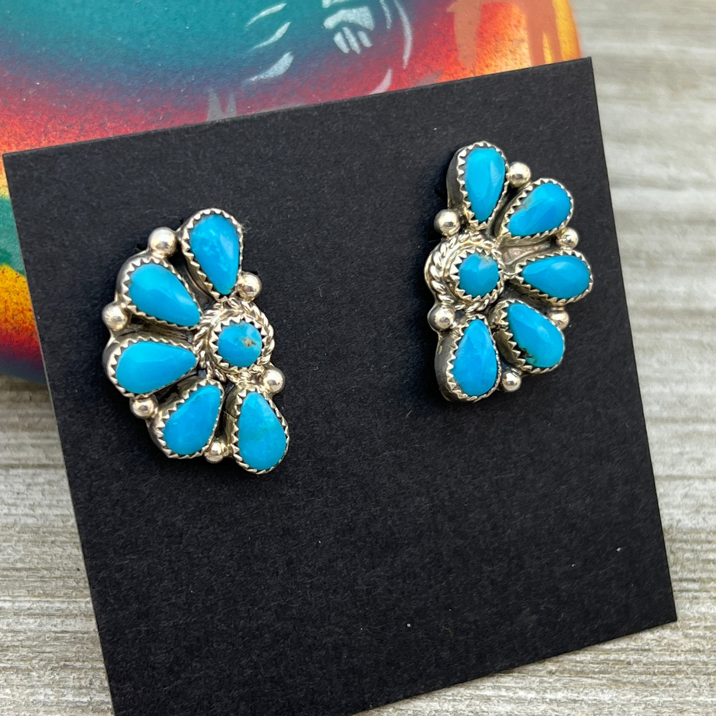 Bright Blue Kingman turquoise Half Cluster earrings Alicia Wilson Zuni signed 876