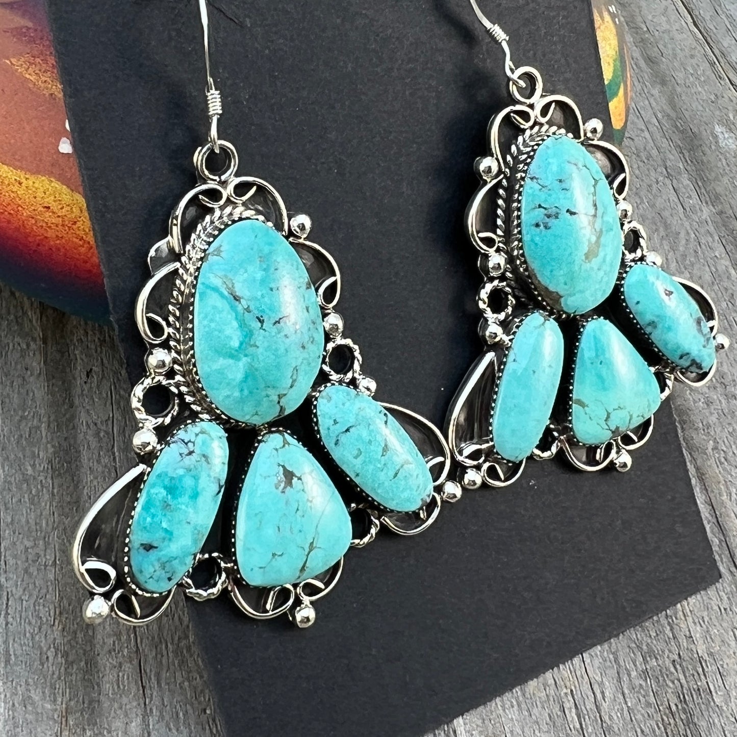 Large Turquoise cluster earrings sterling silver Charlene Yazzie Navajo handmade 698