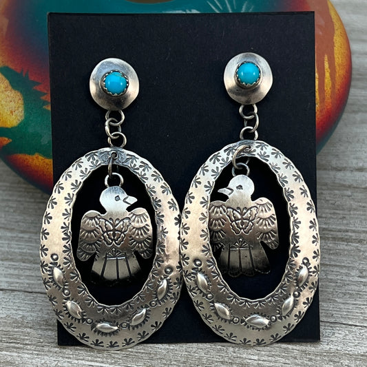 Navajo handmade large Concho thunderbird dangle earrings 2 sterling silver Tim Yazzie