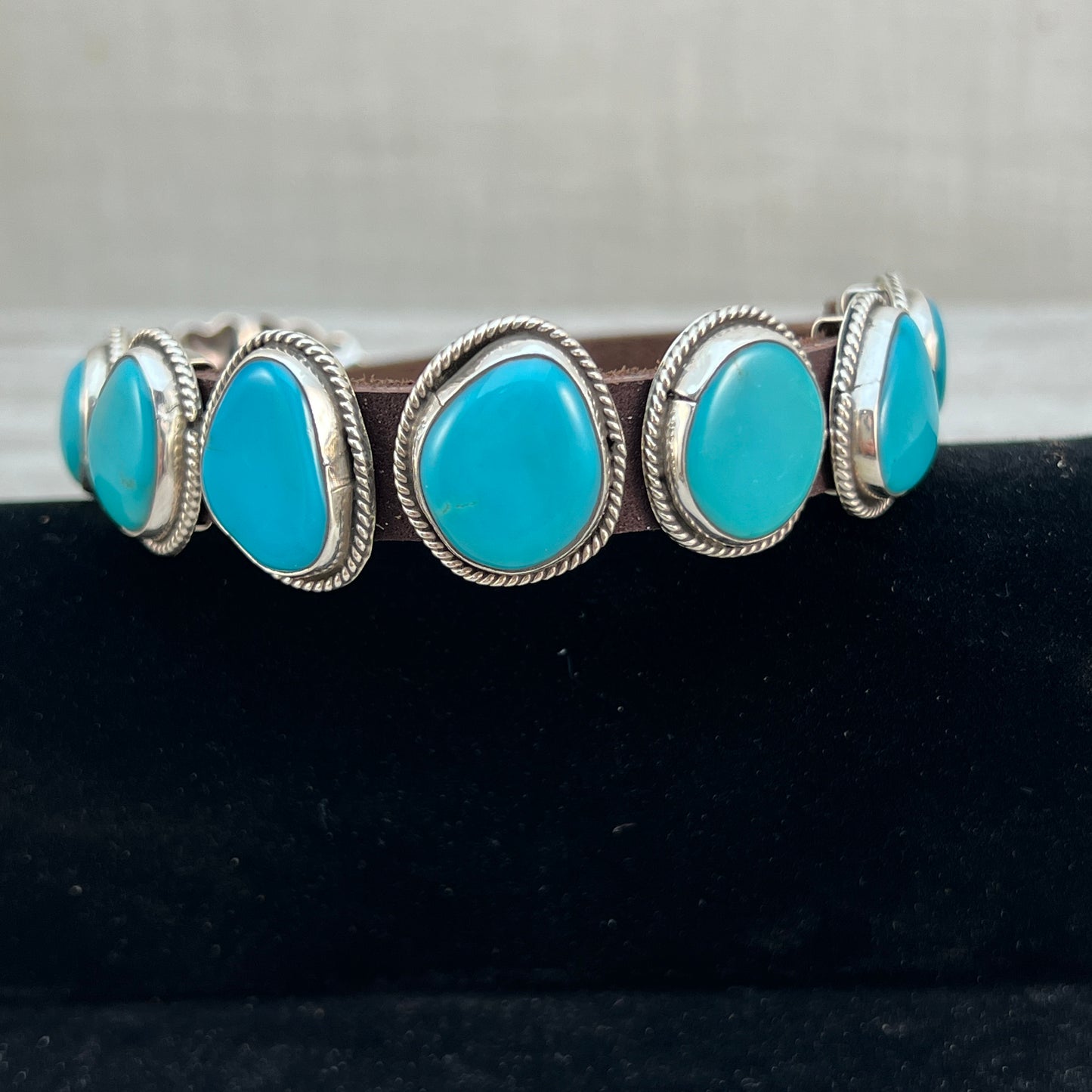 Real Turquoise leather Sterling silver bracelet #3, adjustable Navajo Marlene Ramone