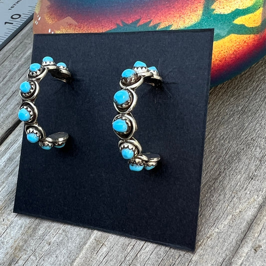 Turquoise dot snake eye 1" hoop earrings sterling silver Florenda Lonasee handmade 705