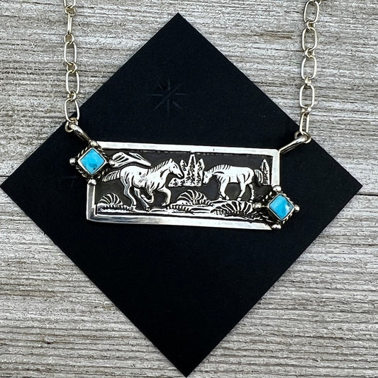 Sterling Silver Horse Design Bar Necklace, Sleeping Beauty Turquoise, Handmade by Navajo artist, Jeremy Delgarito, signed