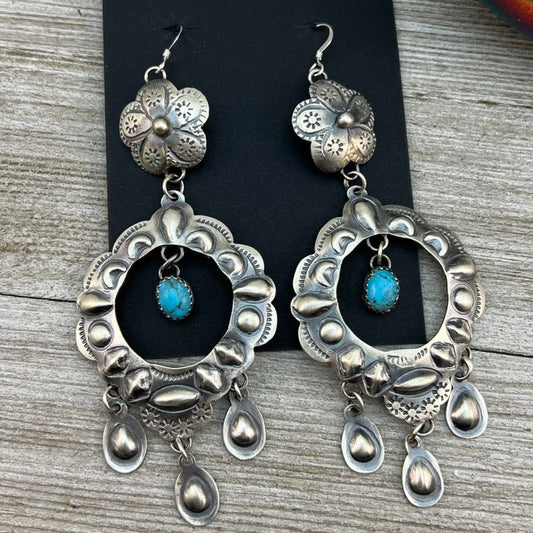 LARGE 4" turquoise dangle earrings, sterling silver, Navajo handmade by Tim Yazzie, signed