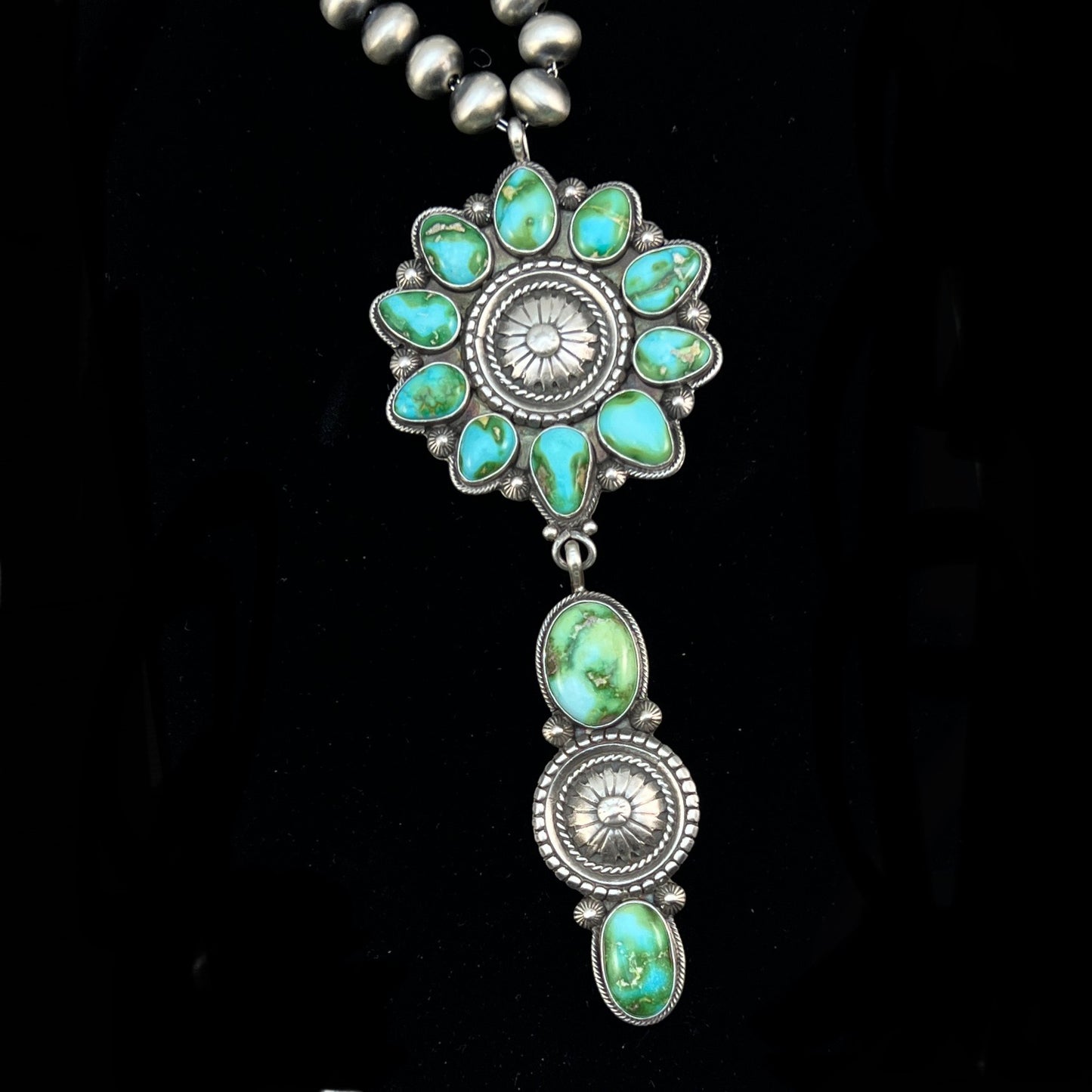 21" Sonoran turquoise Navajo Necklace Sterling Silver Pearls 10mm beads
