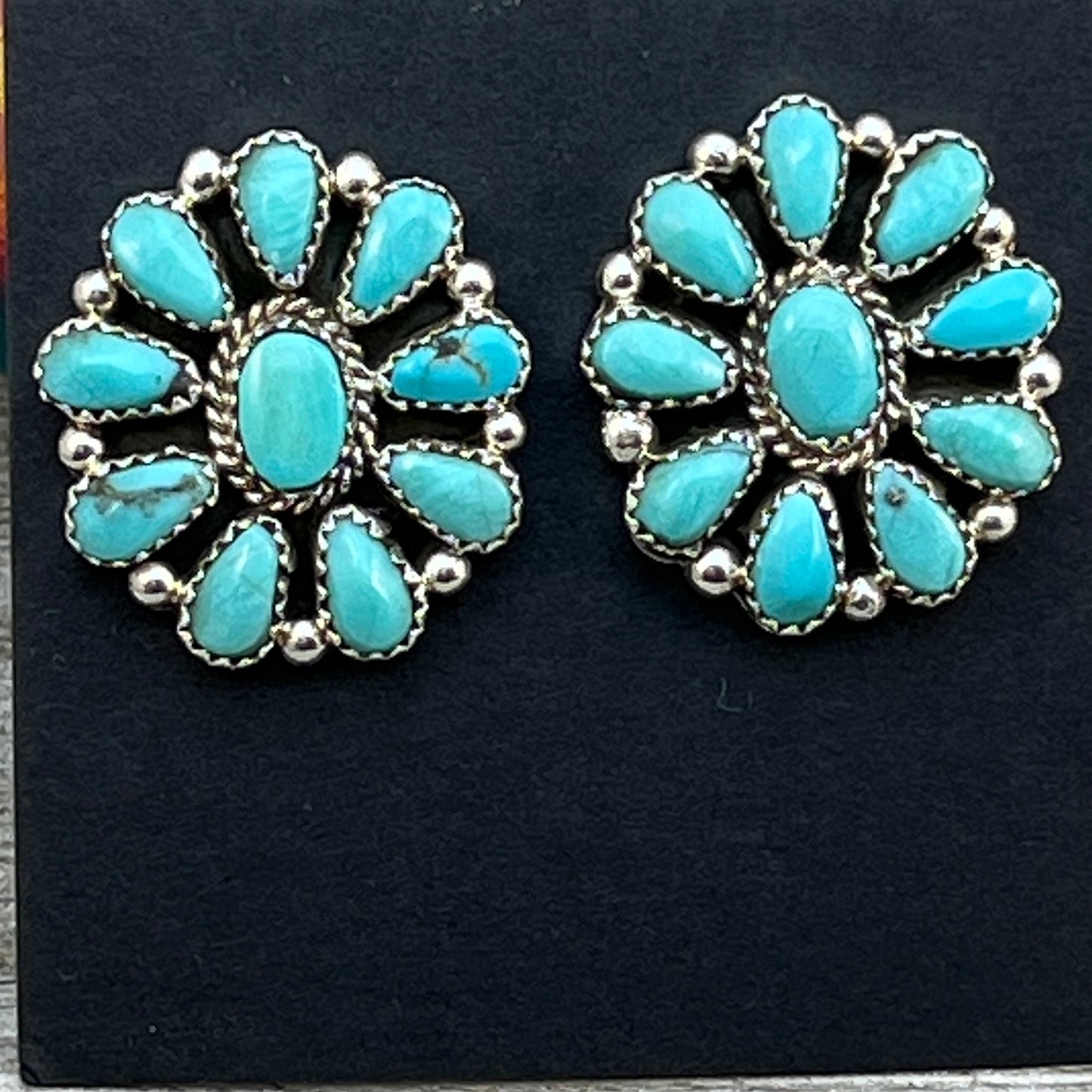 Blue Turquoise petit point cluster stud Earrings sterling silver Navajo Eunise Wilson