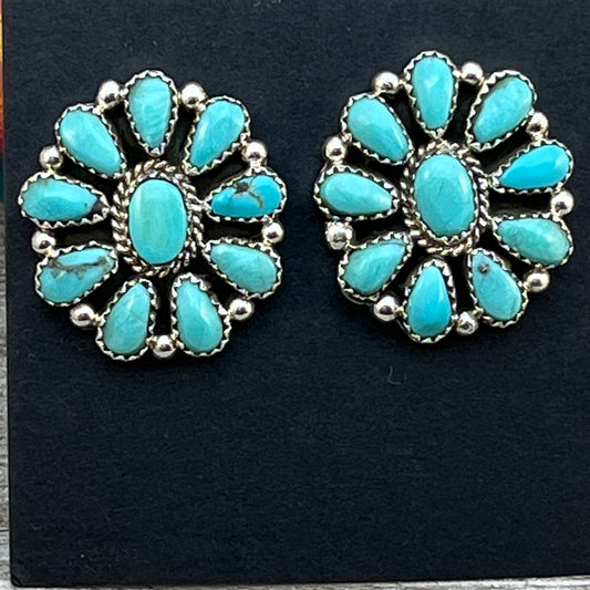Blue Turquoise petit point cluster stud Earrings sterling silver Navajo Eunise Wilson