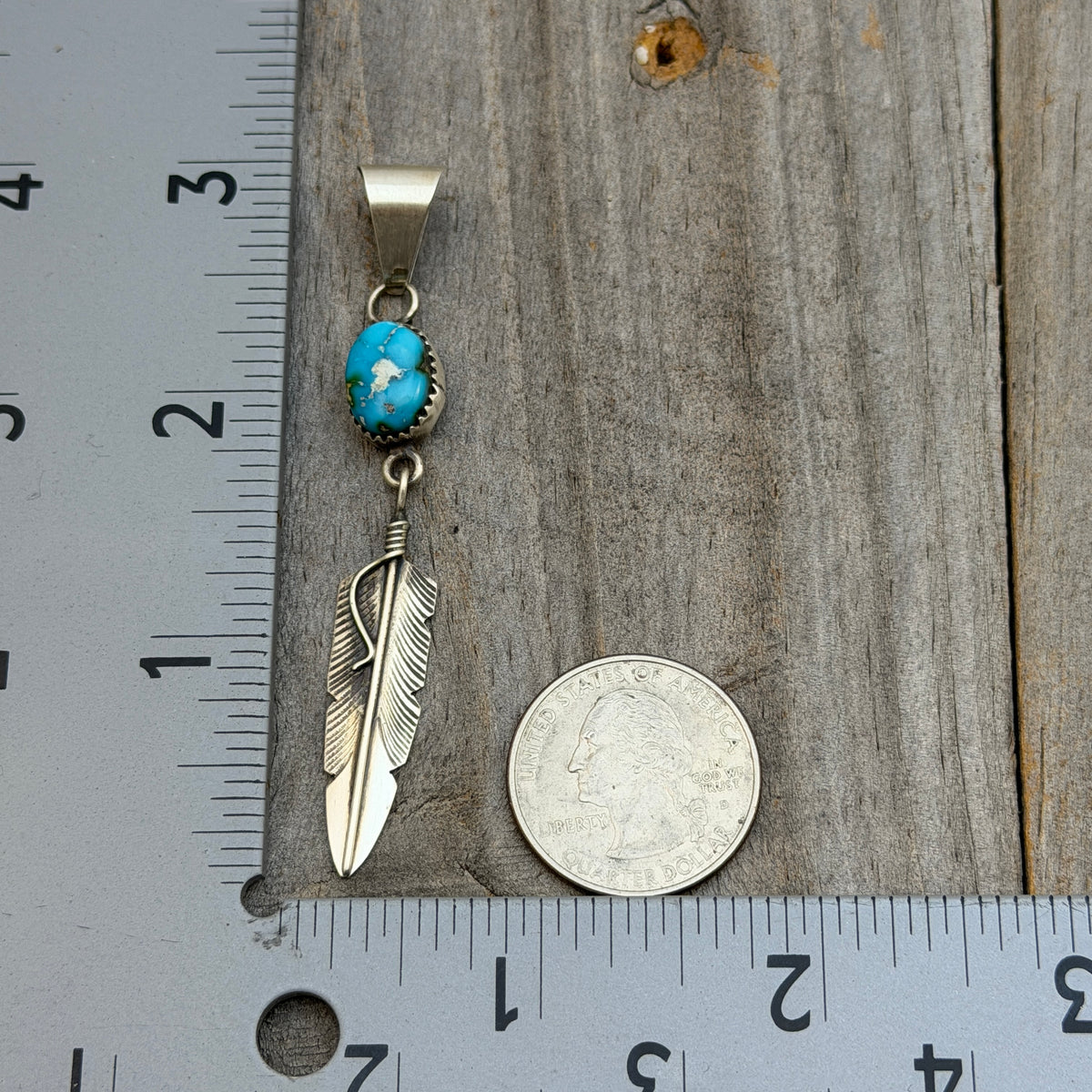 Blue Sonoran Gold Turquoise sterling silver Feather Pendant Chris Charley Navajo PD5