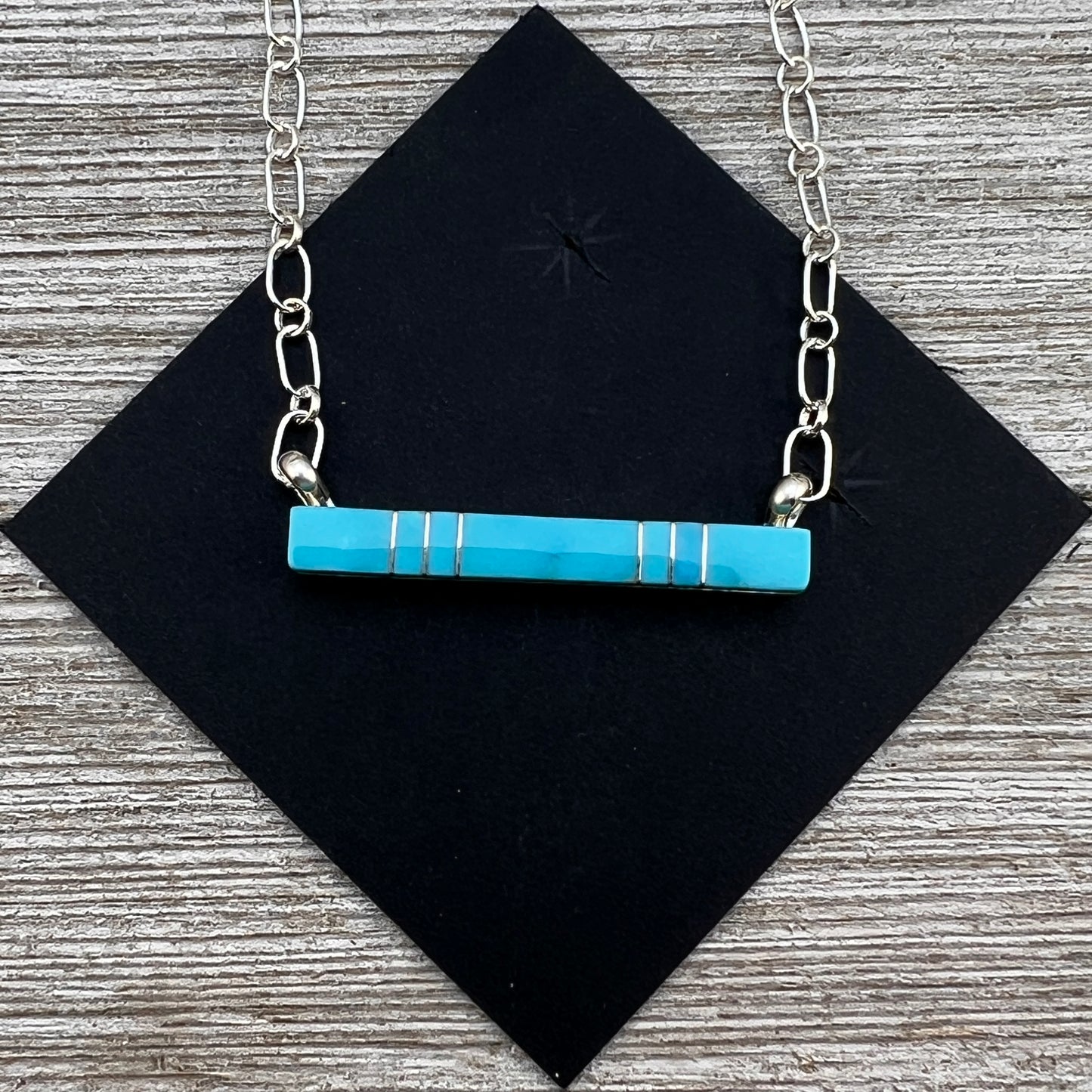 Blue Kingman Turquoise Bar Necklace 1, Zuni MaDerral Kallestewa sterling silver 18 1/2"