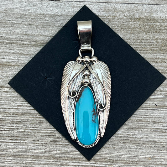 Blue Kingman turquoise with matrix pendant #3, Navajo handmade Davey Morgan, sterling silver