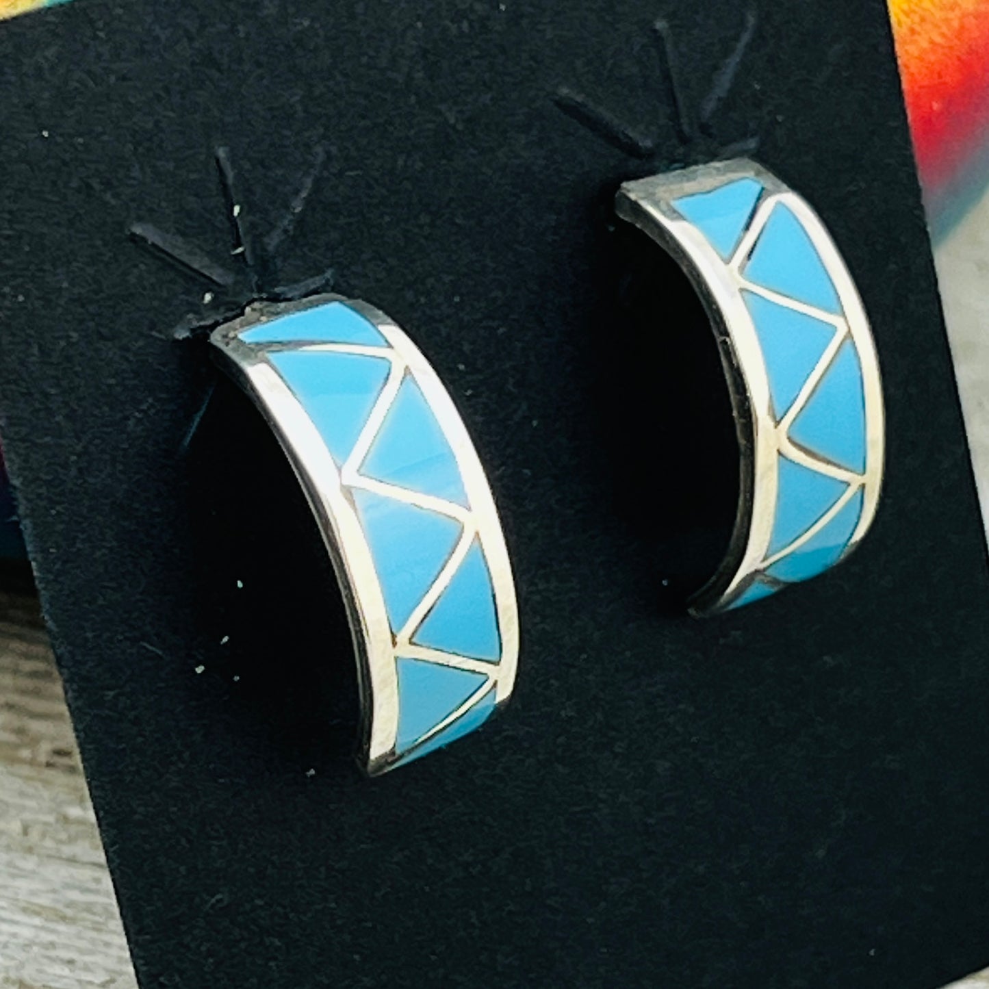 Small Turquoise inlay semi - hoop earrings Tina Haloo Zuni Sterling silver ER41