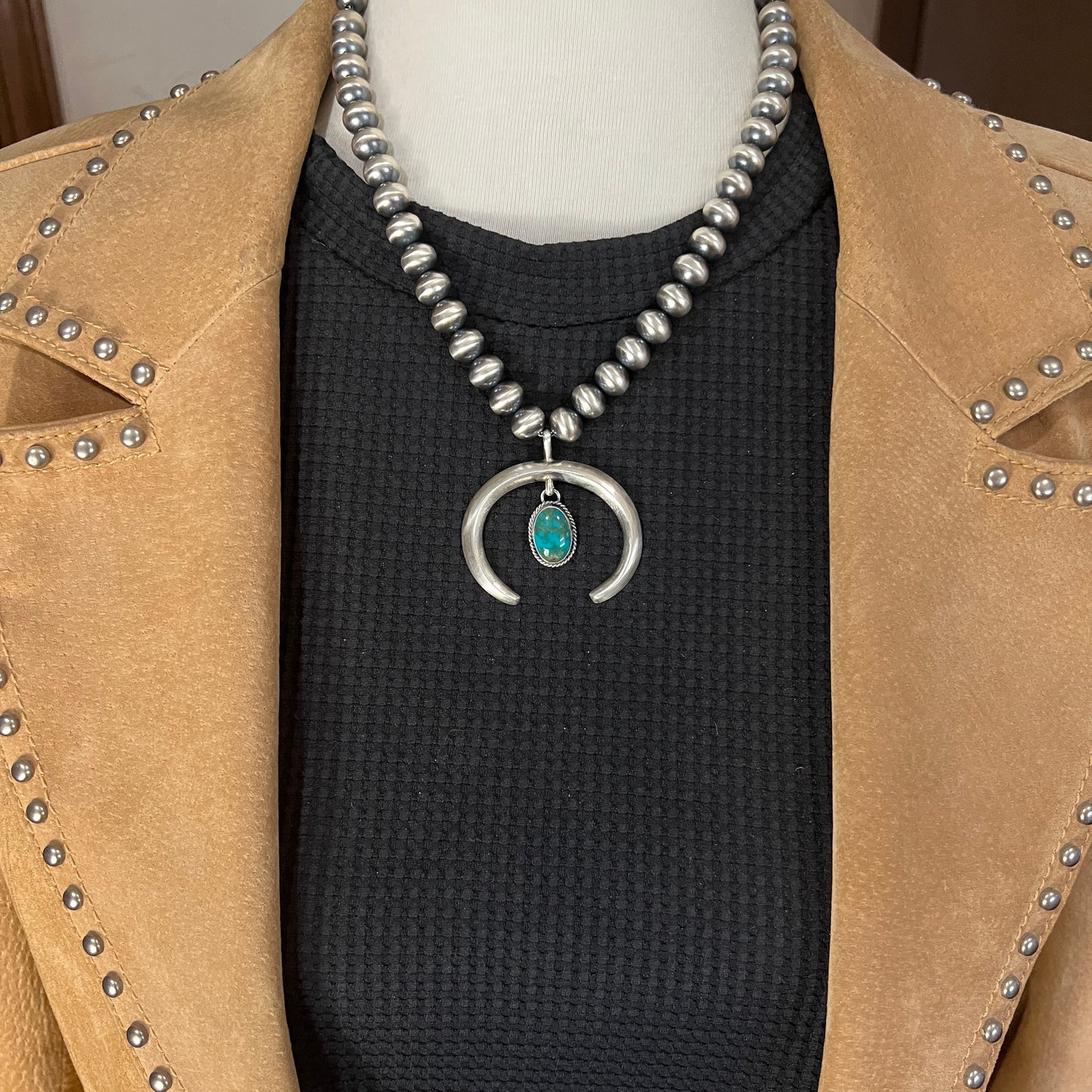 18" Navajo sterling silver pearl necklace 2 turquoise naja Rena Begay