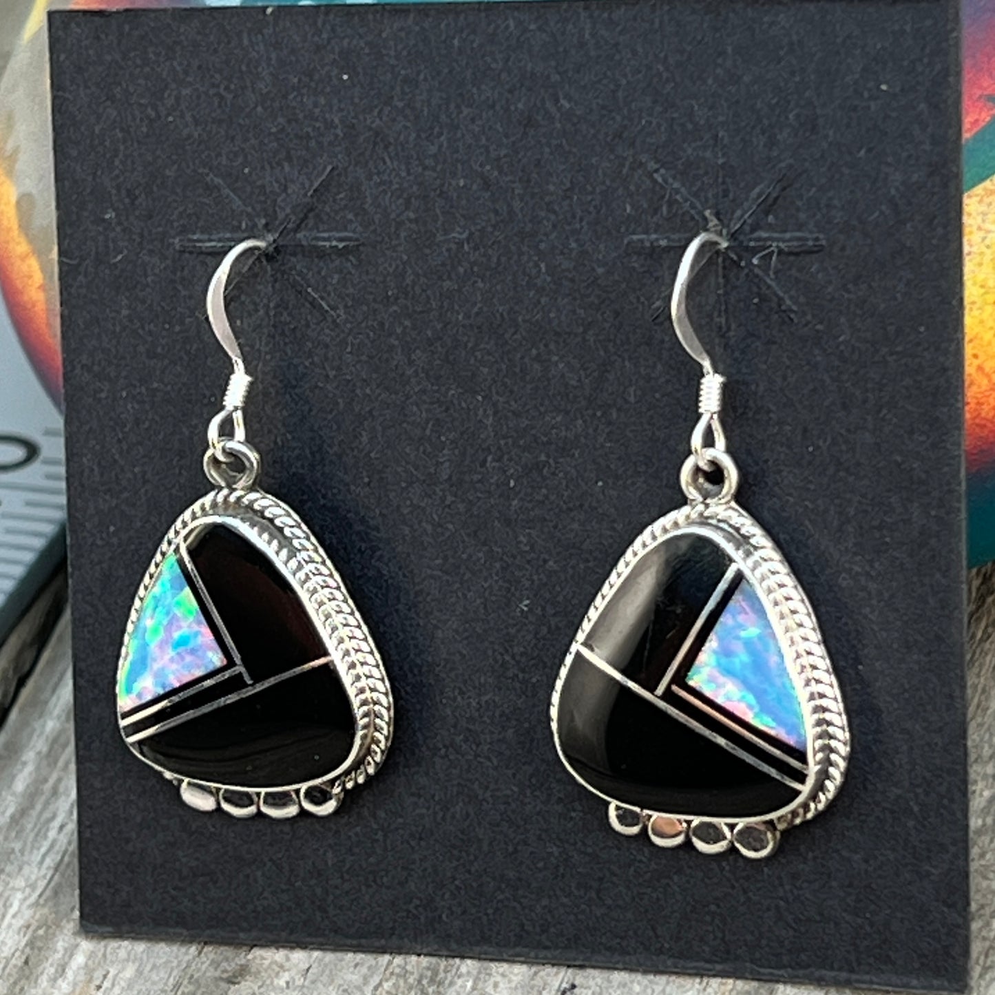 Modern Green Black jet opal inlay Earrings Sterling Silver James Manygoats Navajo 672