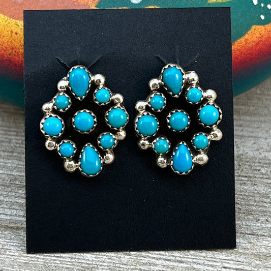 Small Turquoise Cluster Stud Earrings Navajo Tina Jones Sterling Silver