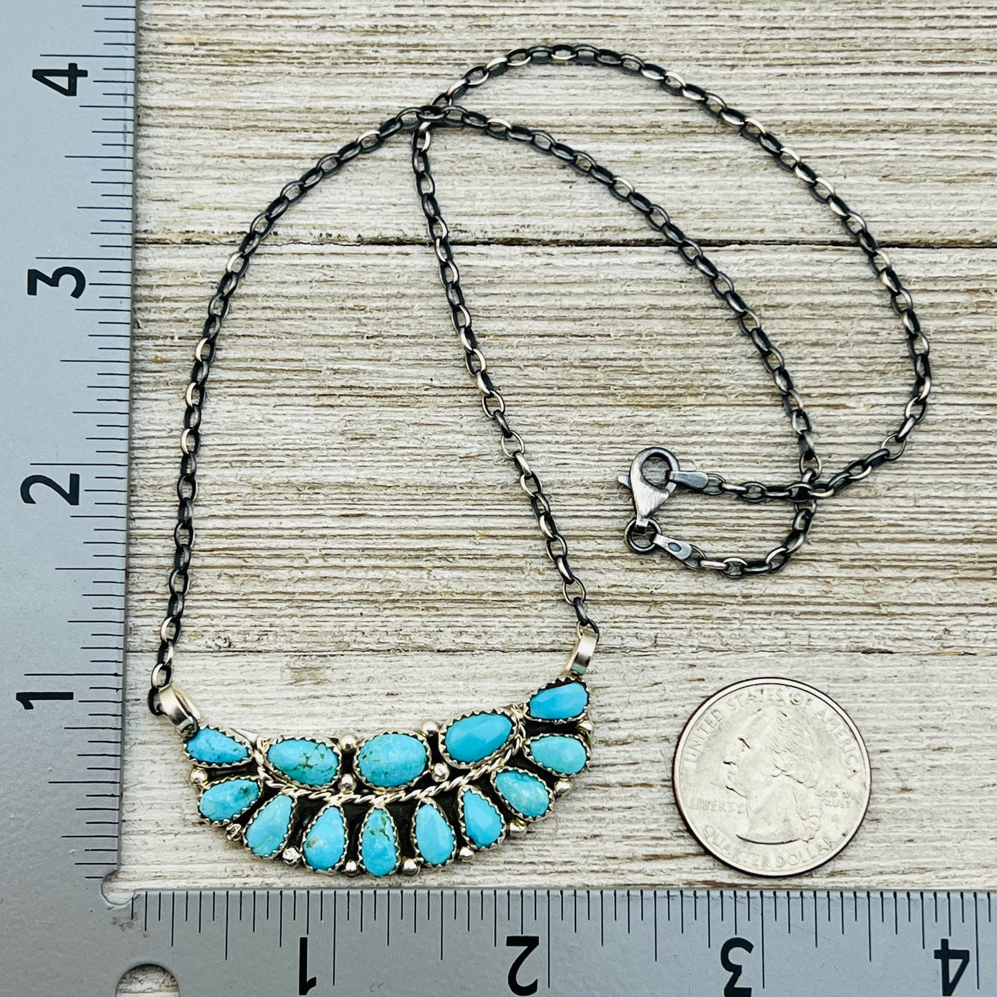 17 1/2" Turquoise Petit Point Cluster necklace Eunice Wilson Sterling silver