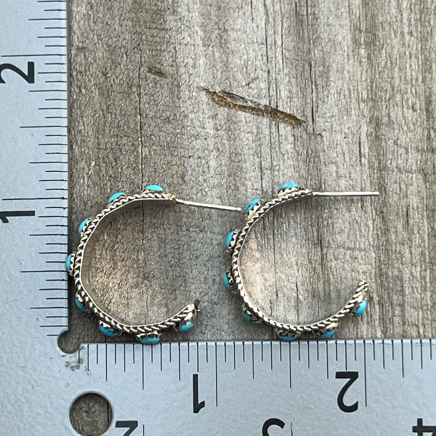 Turquoise snake eye dot 1" hoop earrings sterling silver Falencia Yazzie Navajo 711