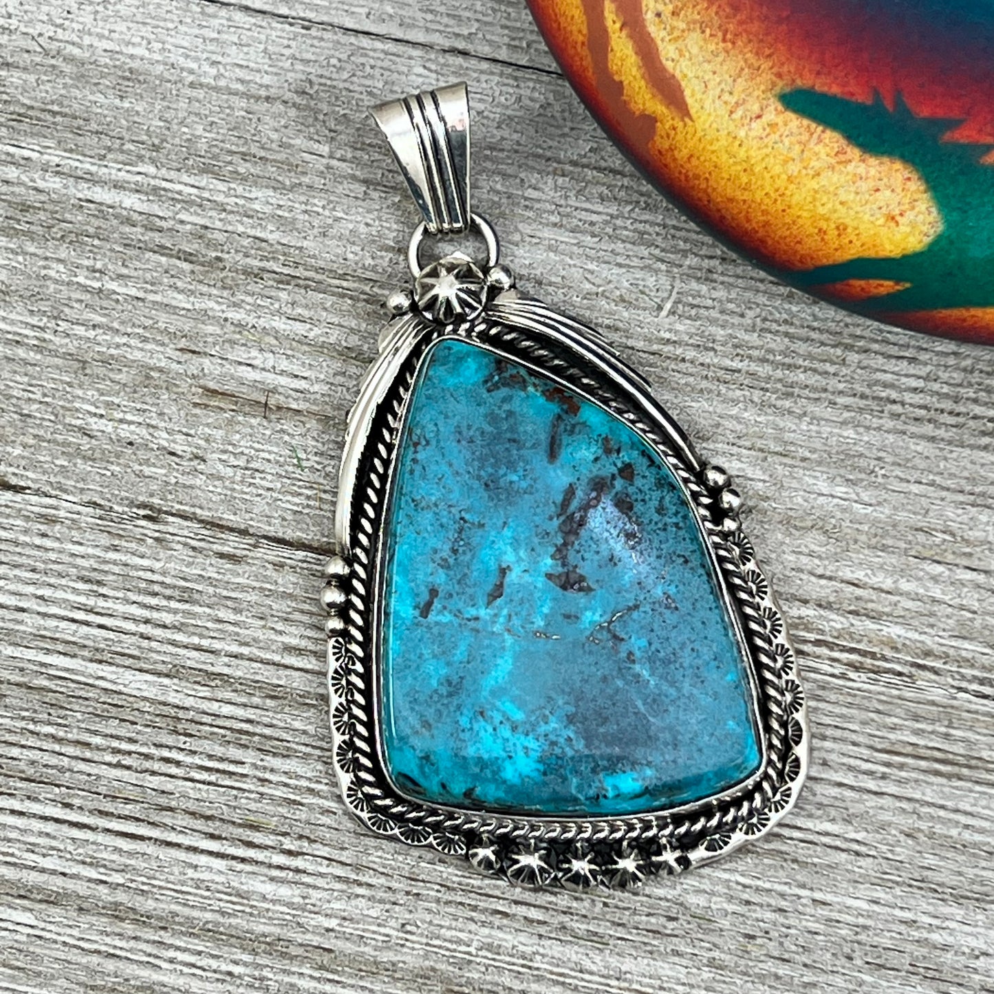 XL extra large, Blue Kingman turquoise pendant #1, Navajo handmade Rita Long, sterling silver, signed