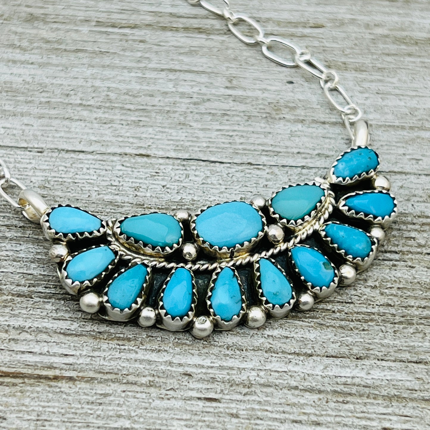 18" Turquoise Petit Point Cluster necklace Eunice Wilson Sterling silver