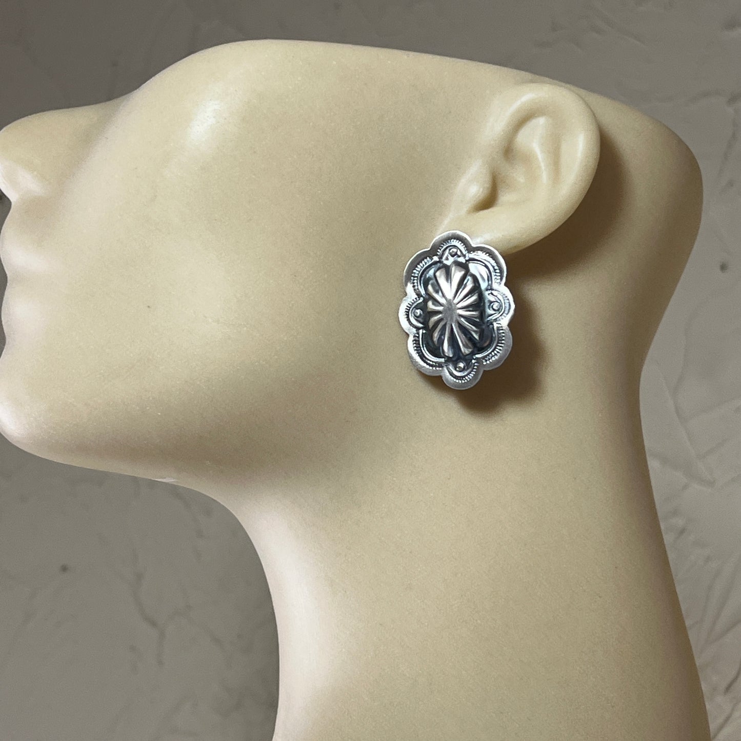 Hand Stamped concho earrings sterling silver Lavina Benally Navajo 713