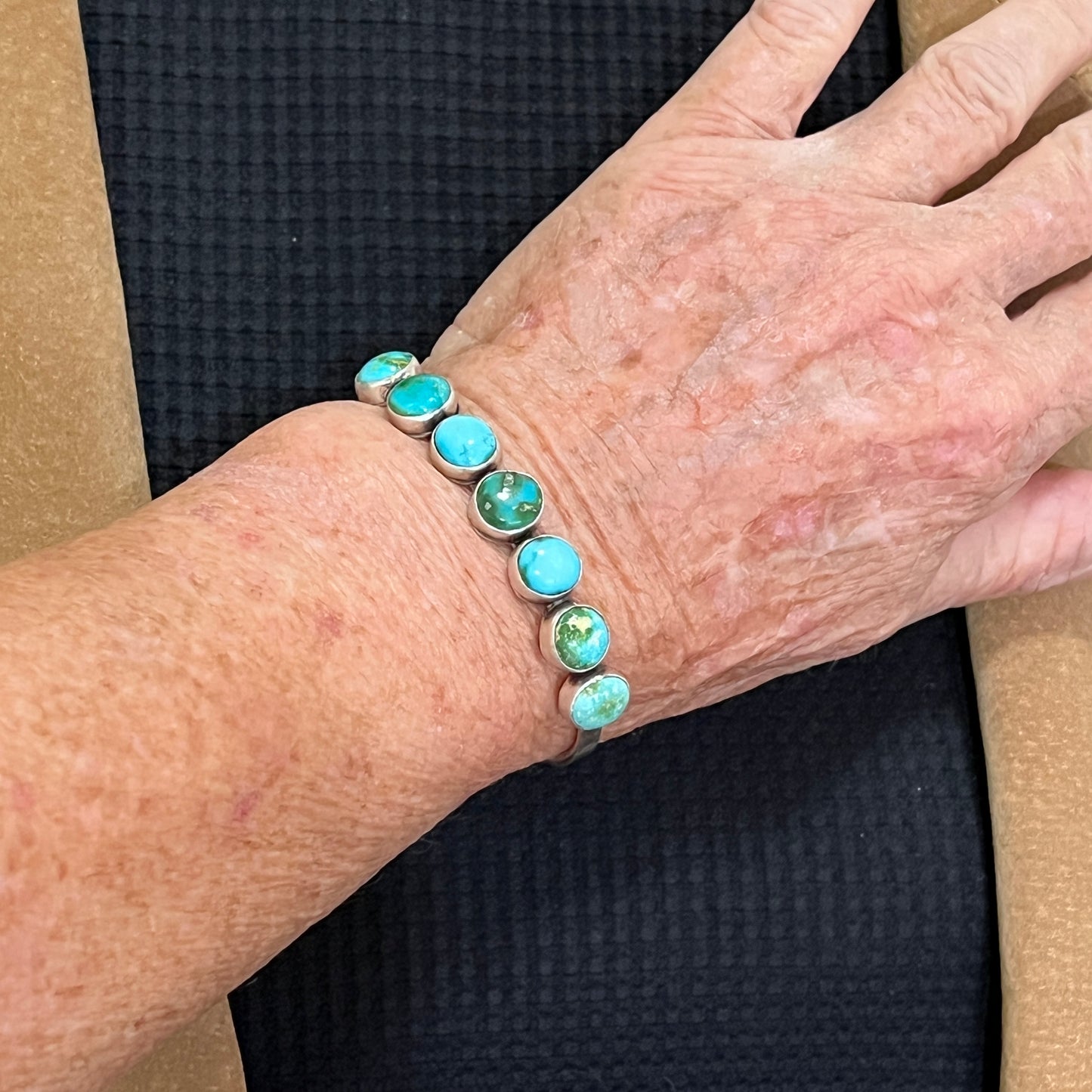 6.5" Sonoran Gold turquoise Cuff Bracelet, Sterling Silver Navajo Tom Lewis boho