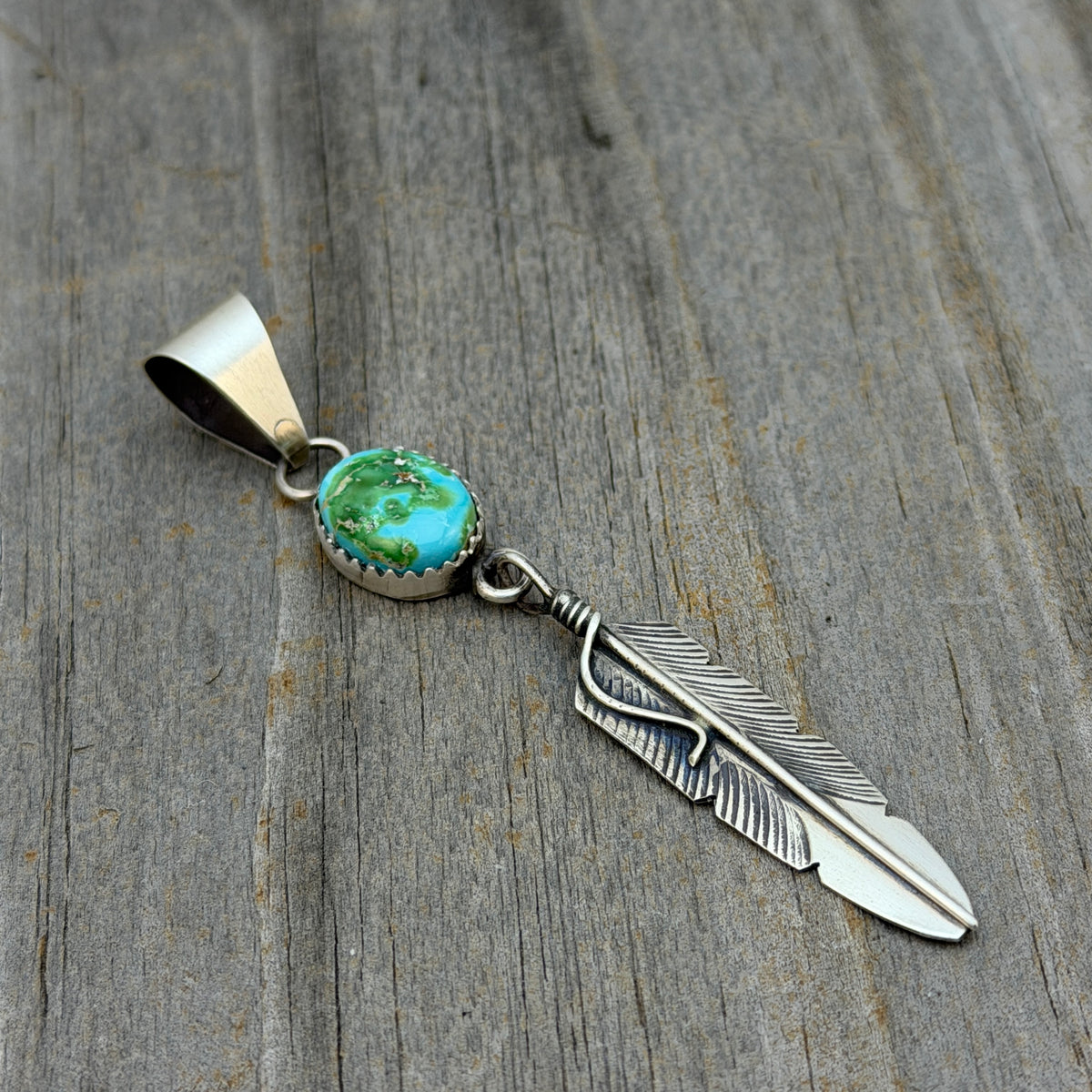Sonoran Gold Turquoise sterling silver Feather Pendant Chris Charley Navajo PD2