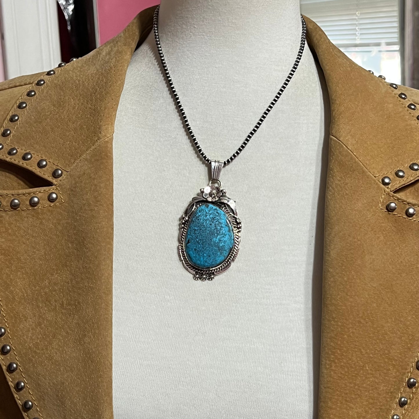 XL extra large, Blue Kingman turquoise pendant #2, Navajo handmade Rita Long, sterling silver, signed