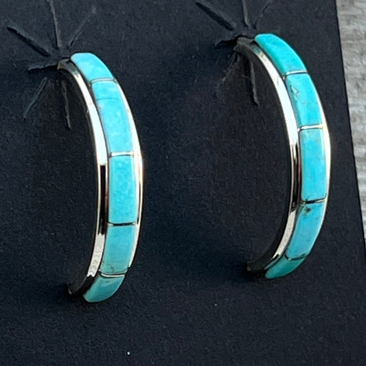Small Turquoise 7/8" narrow turquoise zuni hoop earrings sterling silver Gloria Waseta 425