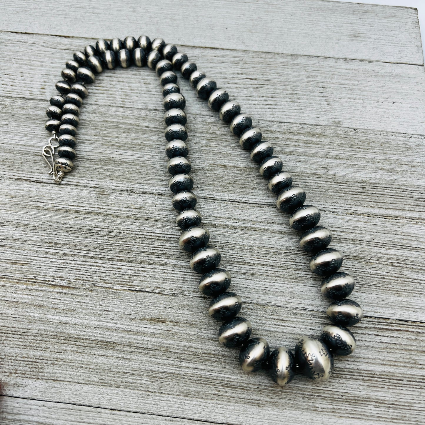 24" Sterling silver Handmade Navajo Pearl Graduated stamped bead necklace Bryannen Halwood signed