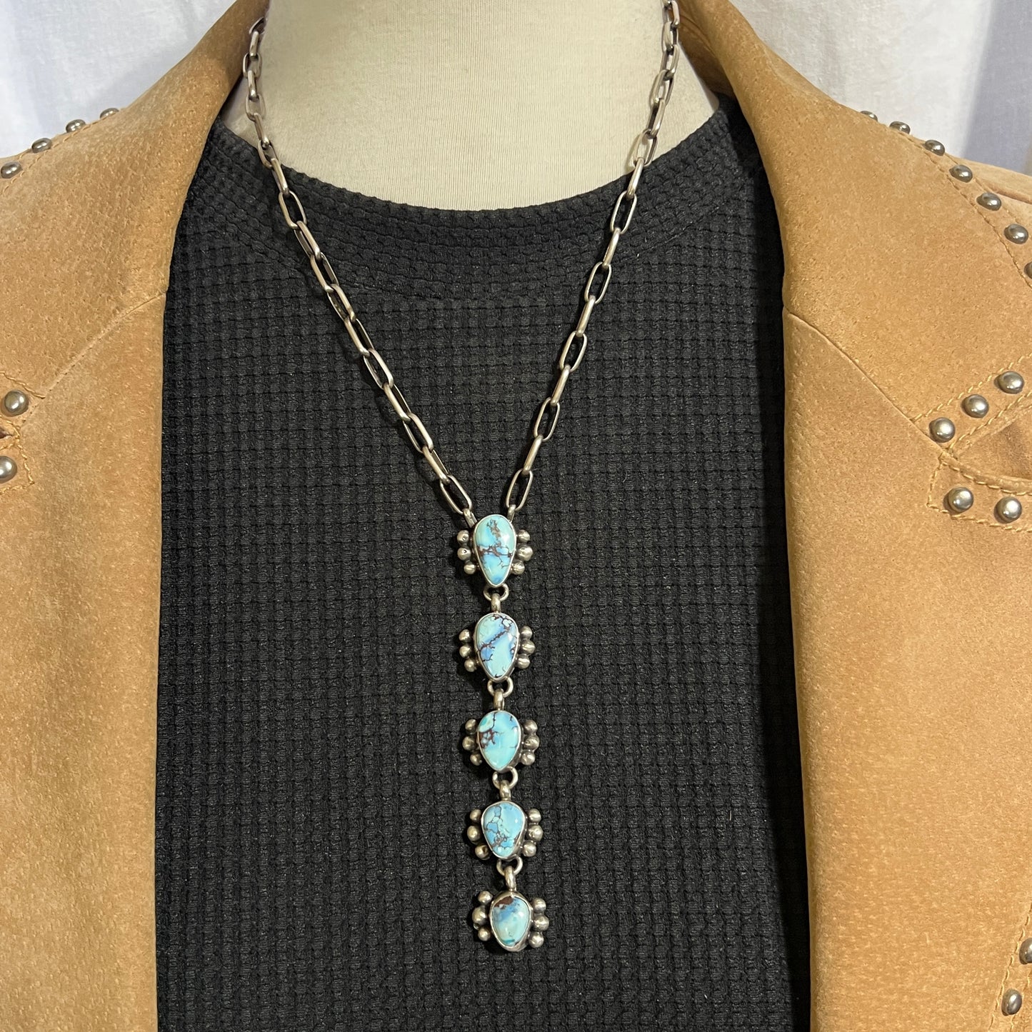 Sterling silver Golden Hills Turquoise Lariat Necklace Paperclip chain Bobby Johnson Navajo