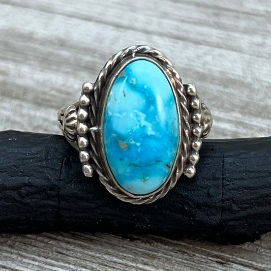 Size 7.5 Blue Kingman Turquoise Sterling Silver Ring Samuel Yellowhair Navajo