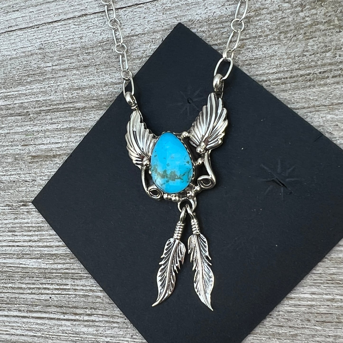 18" Blue Kingman turquoise feather necklace #1, sterling silver, Navajo handmade by Sadie Jim