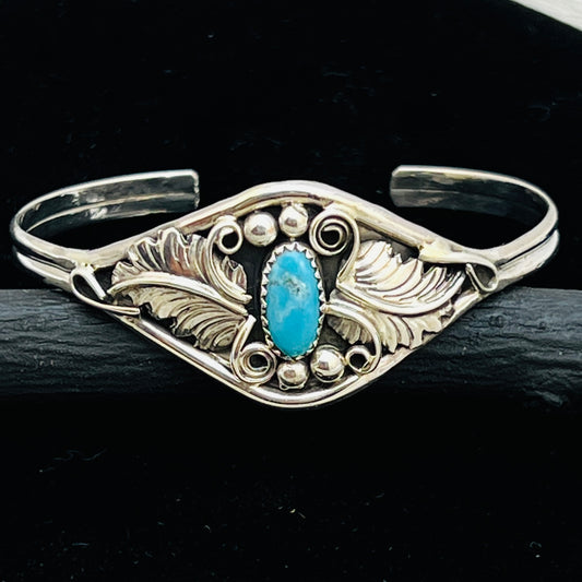 6 1/2" Stamped Navajo sterling silver Turquoise cuff bracelet Harry Yazzie BR66