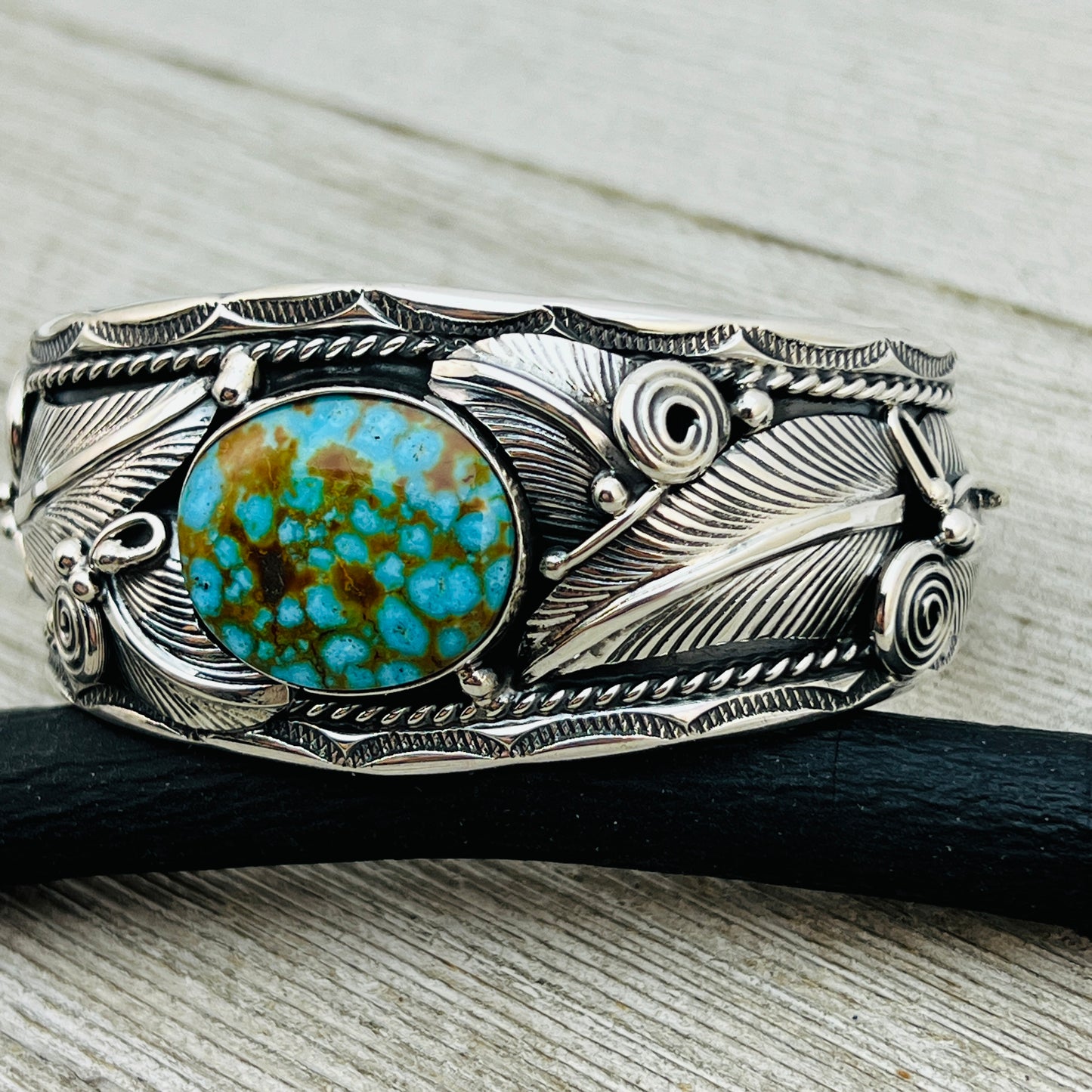 6 1/2" Kingman Turquoise floral cuff bracelet sterling silver Darrell Morgan BR2