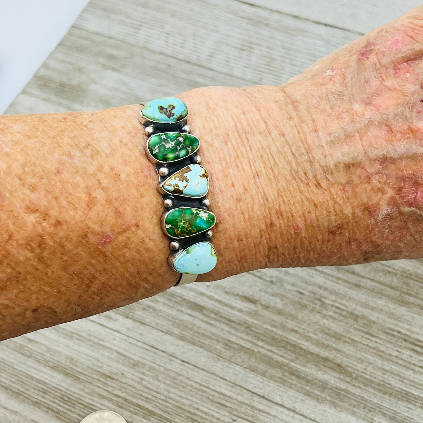 6 1/8" Sonoran polychrome Turquoise cuff bracelet sterling silver Darrell Morgan BR29