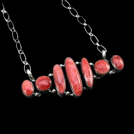 18" Spiny Oyster 7 stone Necklace Sterling Silver Navajo handmade Kimberly Yazzie 1
